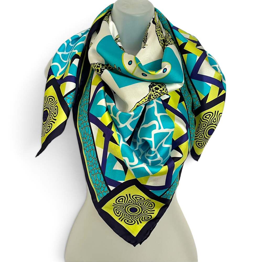 Jonathan Adler Animalia Geometric Giraffe Blue Yellow Square Silk Twill Scarf